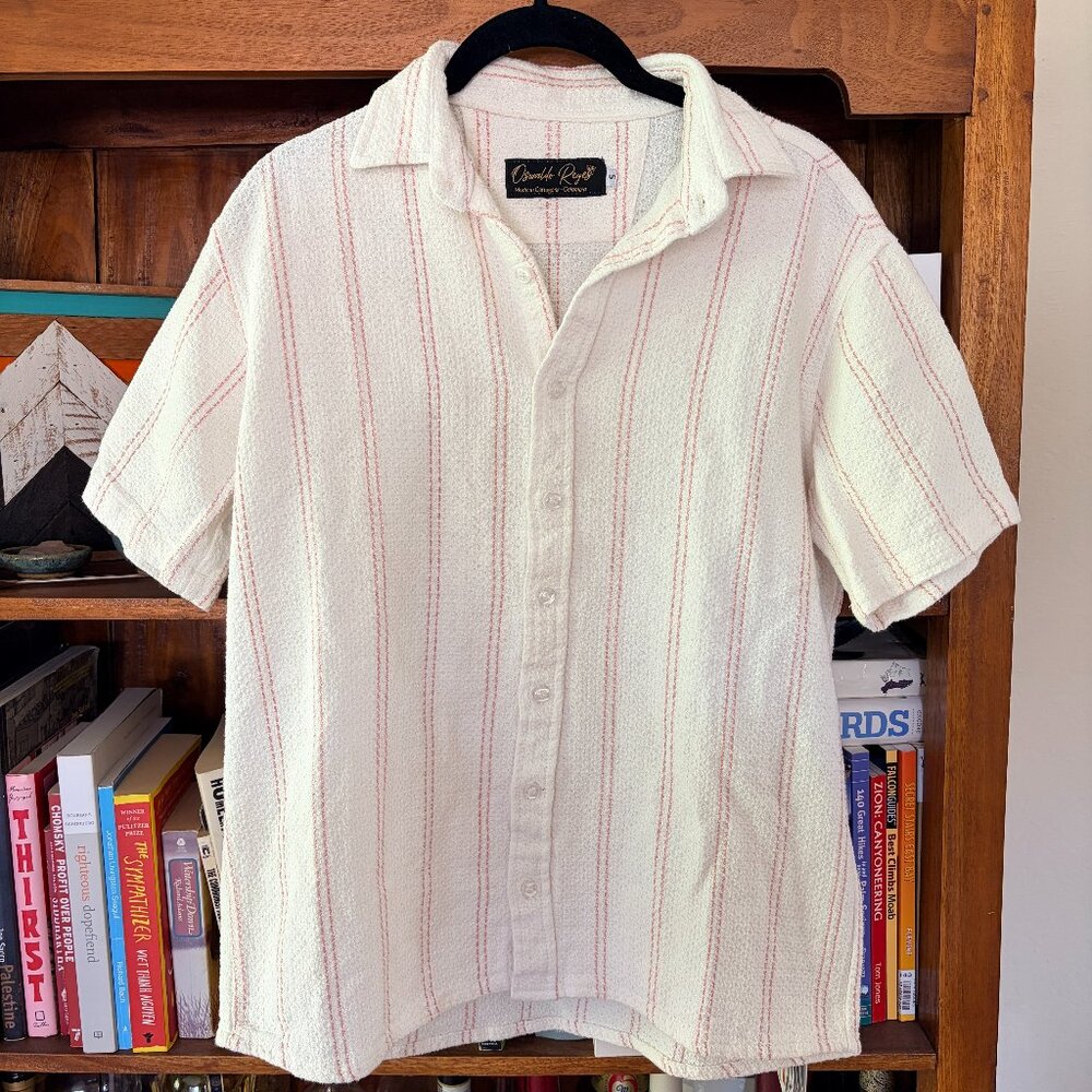 Oswaldo Reyes white striped linen short sleeve button down Size M